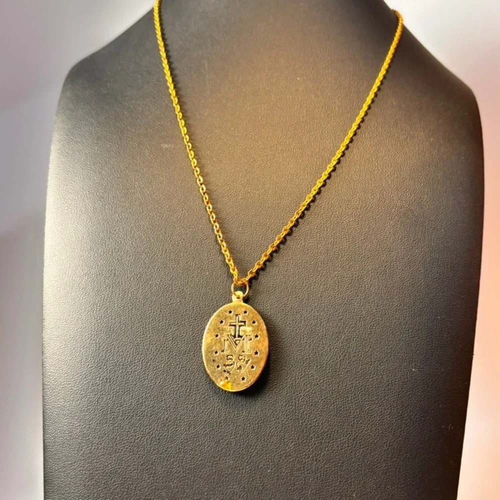 Vintage Miraculous Medal Necklace Gold Yellow Resin Religious Catholic Statement